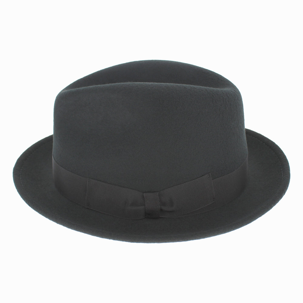 Side view of Black Dolore wool fedora showing stingy brim and classic center crease for winter outfits