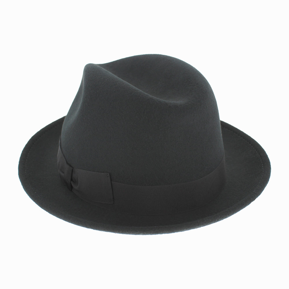 Close-up of Black Belfry Dolore wool felt fedora with grosgrain ribbon for sleek fall winter wear