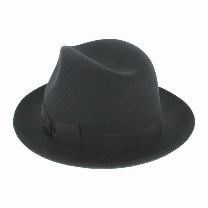 Close-up of Black Belfry Dolore wool felt fedora with grosgrain ribbon for sleek fall winter wear