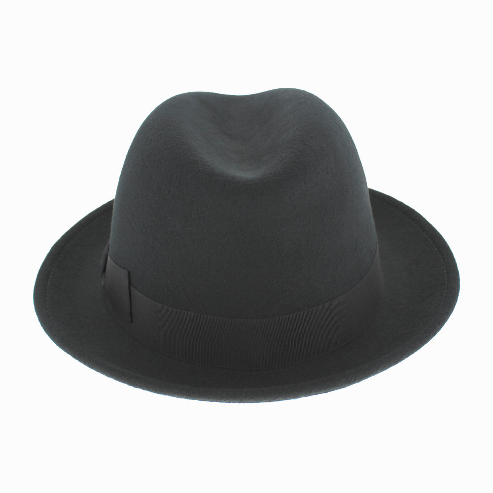 Black wool Dolore stingy-brim fedora with defined center crease for timeless fall winter fashion