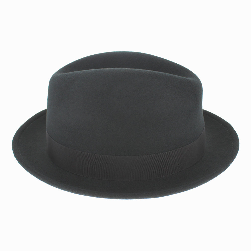 Detail shot of Black Belfry Dolore wool felt fedora showing smooth finish and slim ribbon band