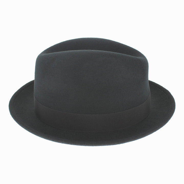 Detail shot of Black Belfry Dolore wool felt fedora showing smooth finish and slim ribbon band