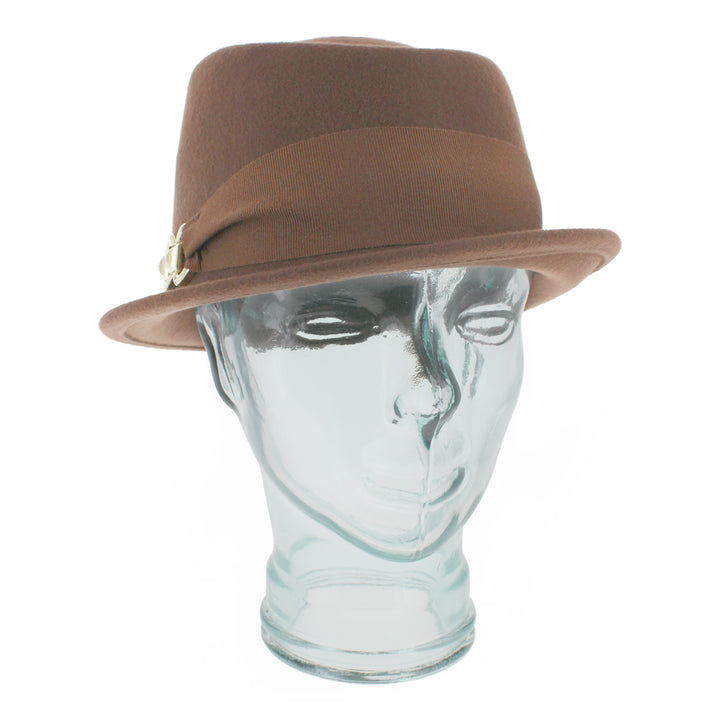 Belfry Donetta brown stingy brim fedora-cloche hybrid hat in 100% wool with tonal grosgrain band and gold link accent, a chic fall and winter women’s accessory