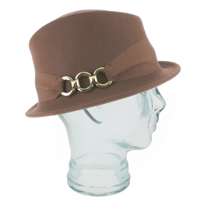 Close-up of the Belfry Donetta brown wool hat featuring a stingy 2" brim, 4" crown, and grosgrain band with gold links, blending romantic cloche style and modern elegance