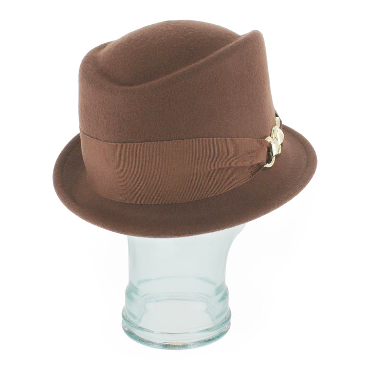 Side profile of the Belfry Donetta brown wool hat with stingy brim and grosgrain ribbon band, a timeless fall and winter piece offering charm and sophistication