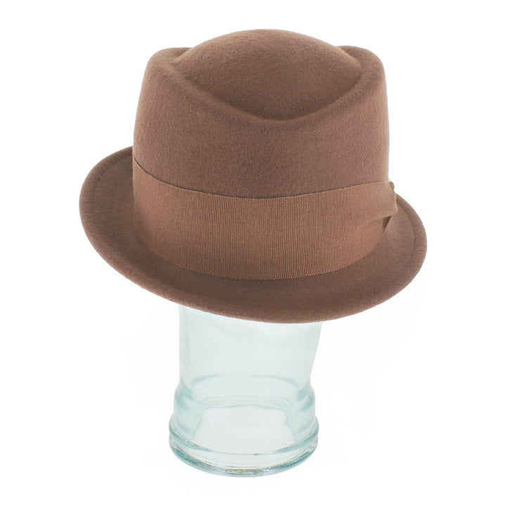 Detailed shot of the Belfry Donetta brown women’s wool hat showcasing tonal grosgrain band with gold link accent, a refined cold-weather accessory for elegant seasonal wear