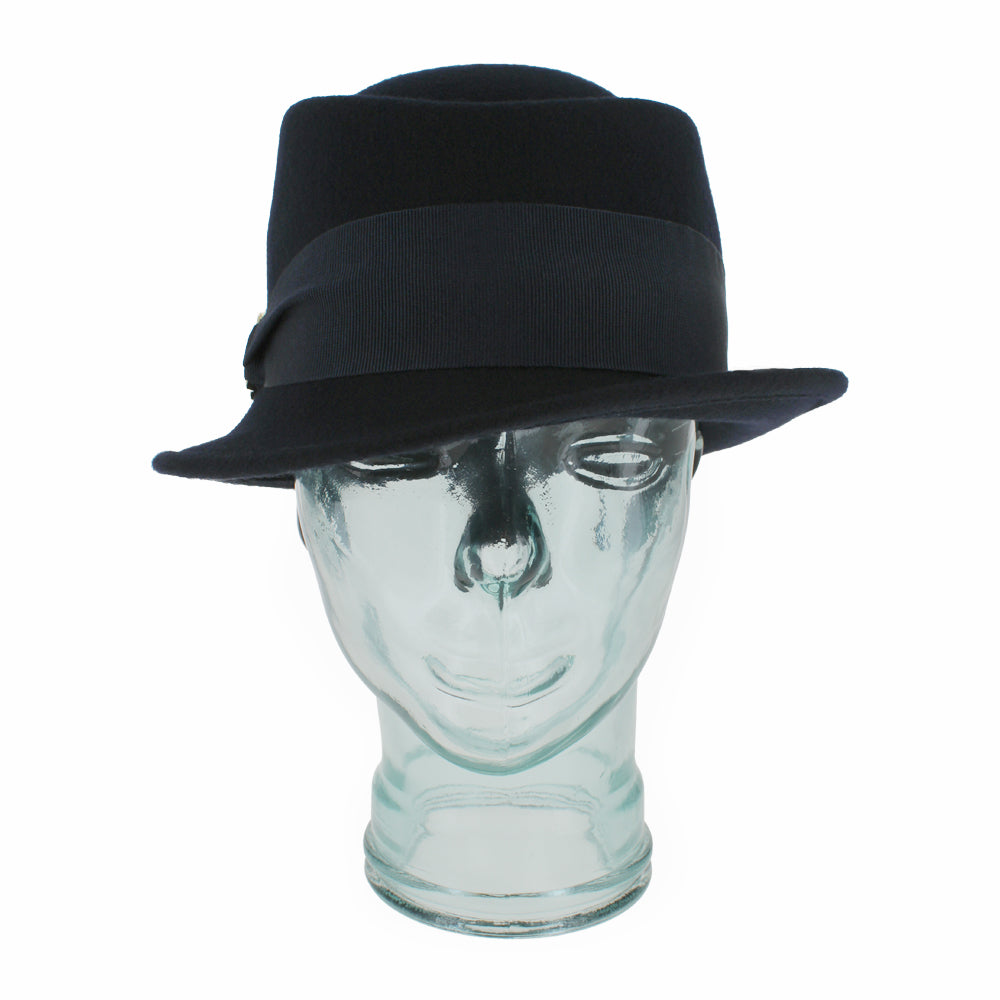 Belfry Donetta blue wool hybrid hat with stingy brim and cloche-inspired silhouette, finished with grosgrain ribbon band and gold links, a stylish fall and winter wardrobe piece