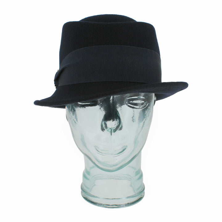 Belfry Donetta blue wool hybrid hat with stingy brim and cloche-inspired silhouette, finished with grosgrain ribbon band and gold links, a stylish fall and winter wardrobe piece