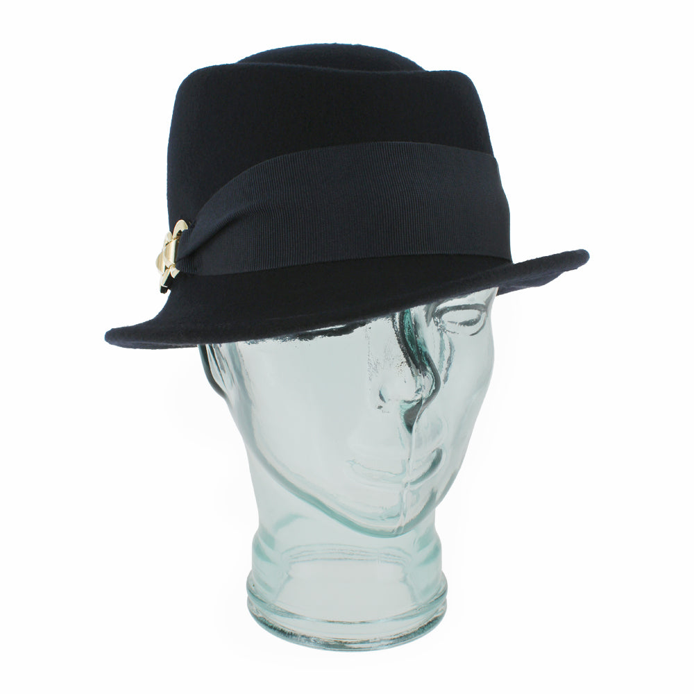 Belfry Donetta blue stingy brim modified cloche hat in 100% wool with tonal grosgrain band and gold link detail, designed for warmth and chic autumn and winter styling