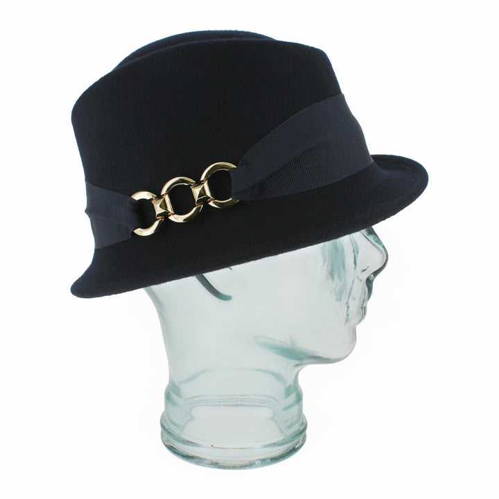 Close-up of the Belfry Donetta blue wool women’s hat highlighting its stingy brim, structured crown, and grosgrain band with gold link accent, ideal for seasonal cold-weather wear