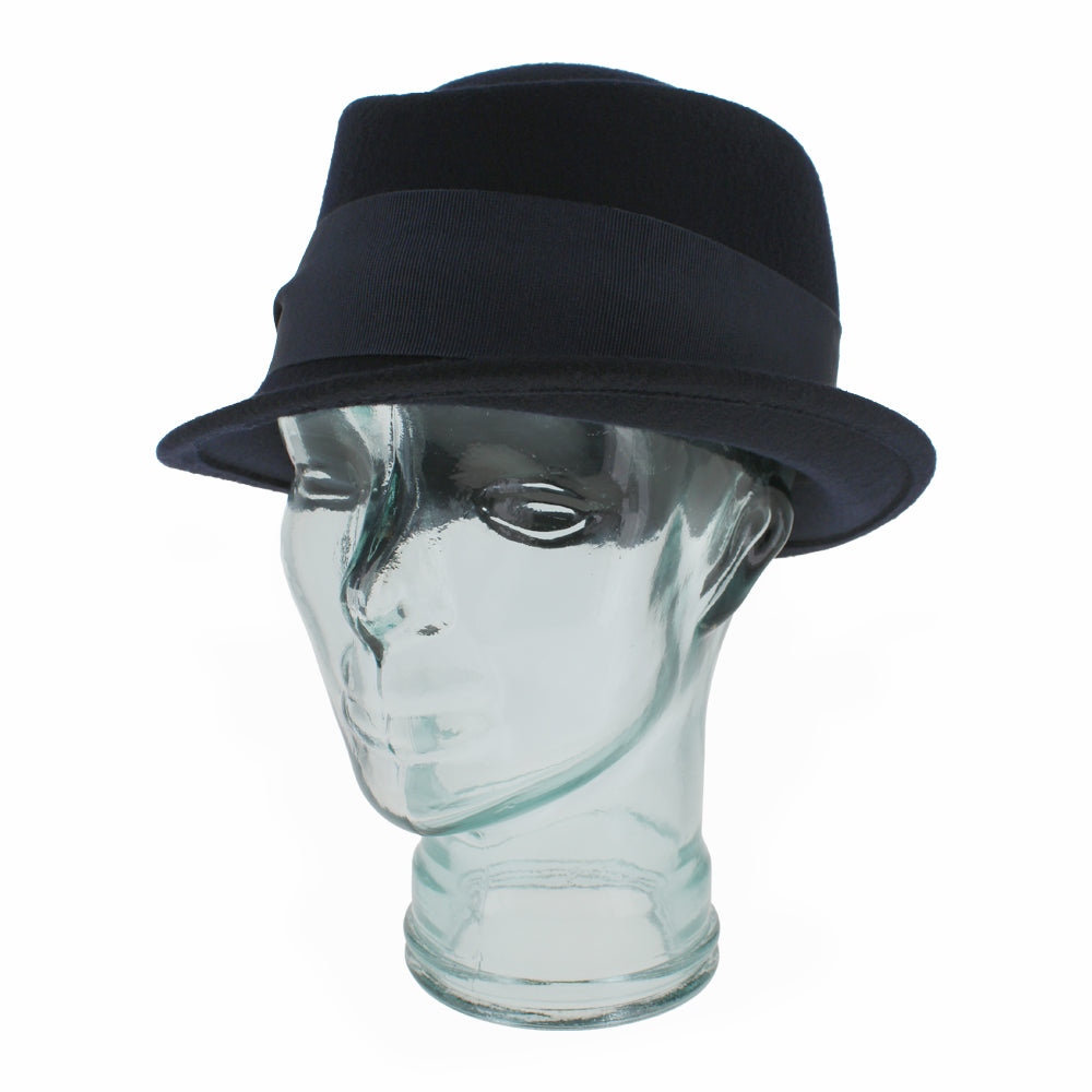 Top view of the Belfry Donetta blue wool stingy brim cloche hat showcasing structured crown, narrow brim, and grosgrain band with gold link, perfect for seasonal wear