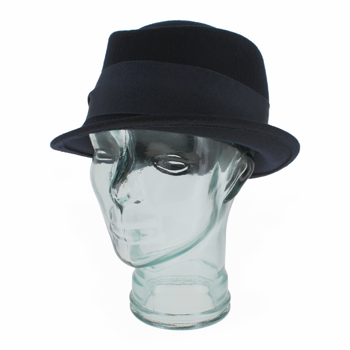 Top view of the Belfry Donetta blue wool stingy brim cloche hat showcasing structured crown, narrow brim, and grosgrain band with gold link, perfect for seasonal wear