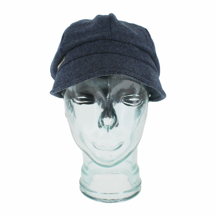 Close-up of Belfry Edda blue cap showing Shetland wool texture and clean finish