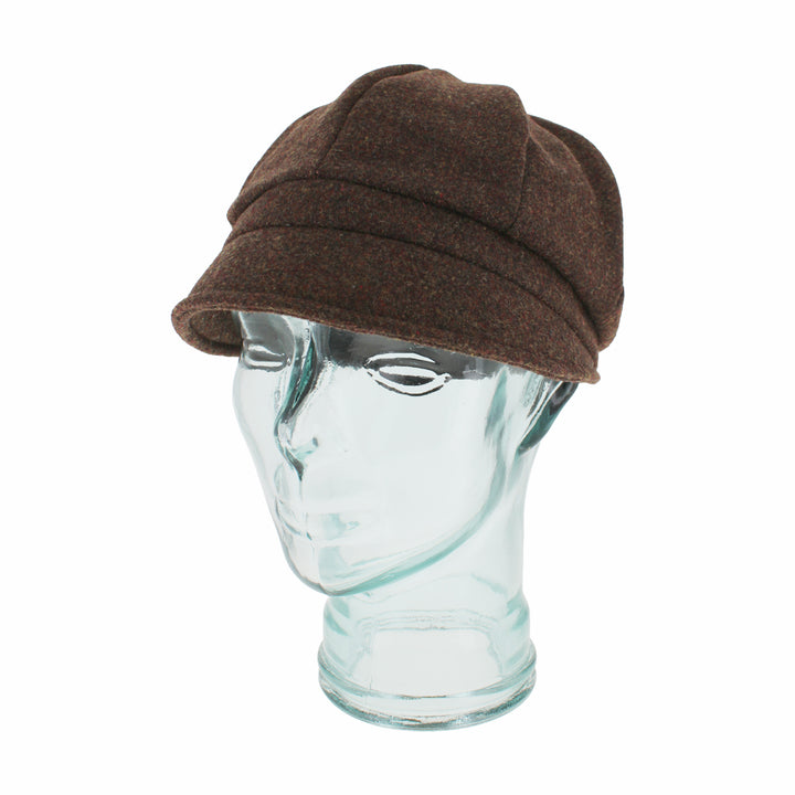 Close-up of Belfry Edda brown wool cap showing smooth texture and tailored form