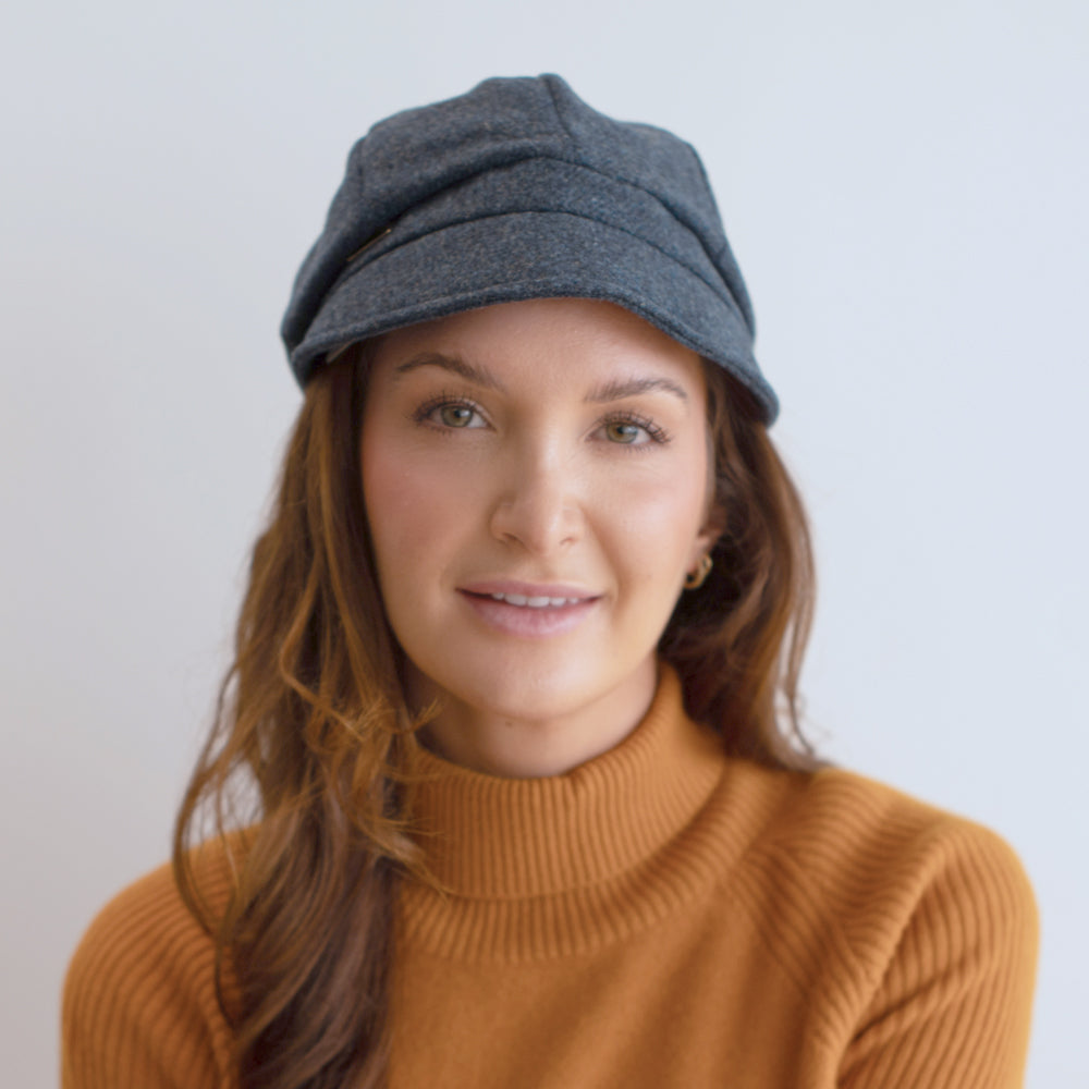 woman wearing denim color modcap belfry edda