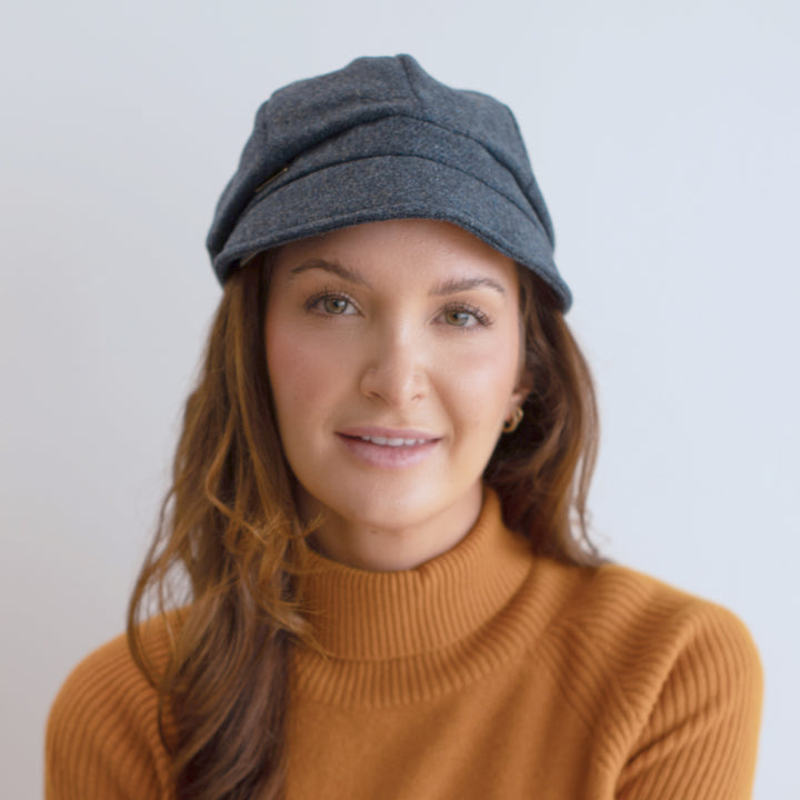 woman wearing denim color modcap belfry edda