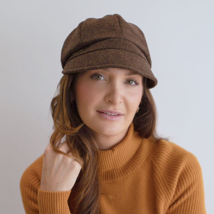 Belfry Edda brown Shetland wool mod cap with timeless 8-panel crown and button top