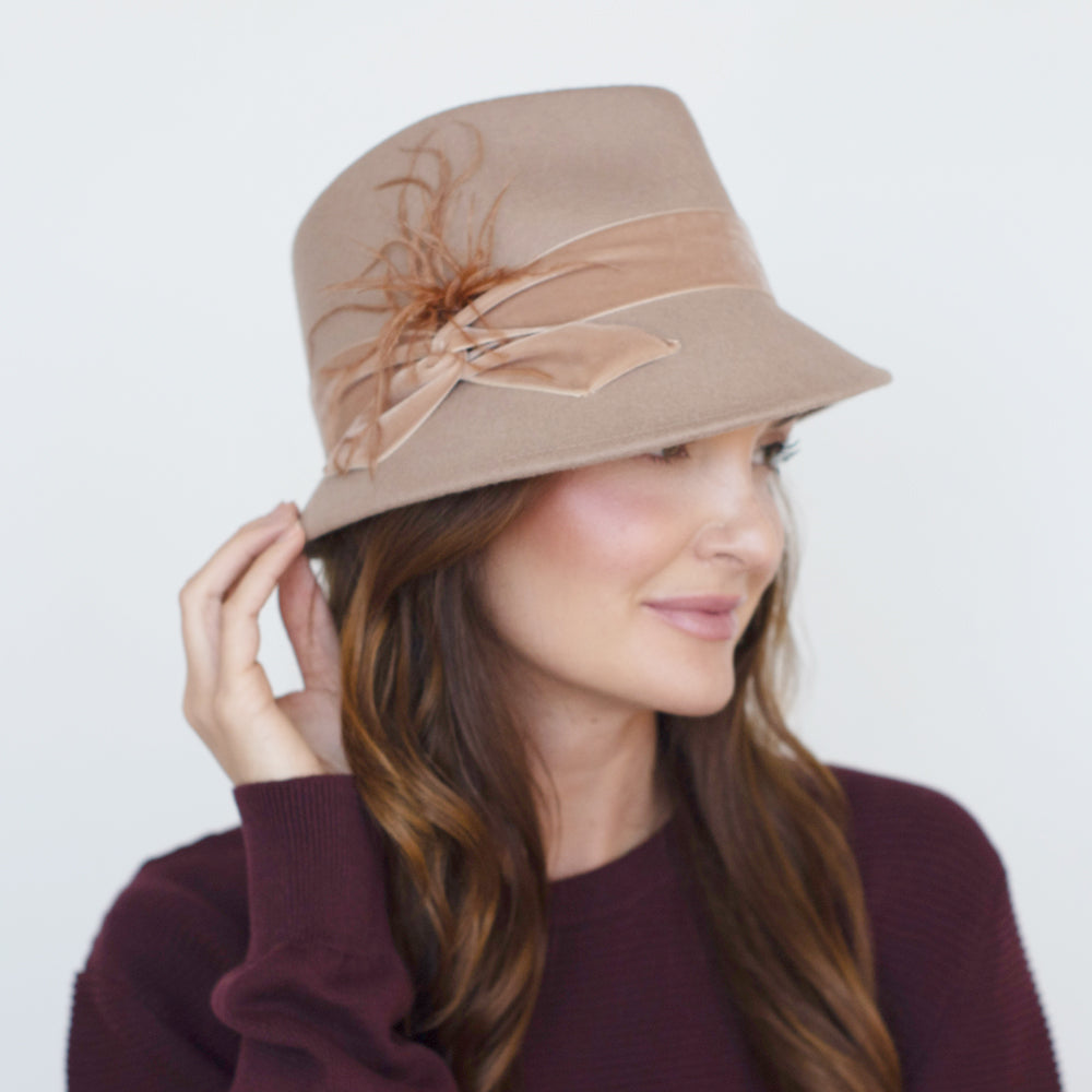 Belfry Edvige nude wool trilby with asymmetrical brim and velvet band accented by long feathers