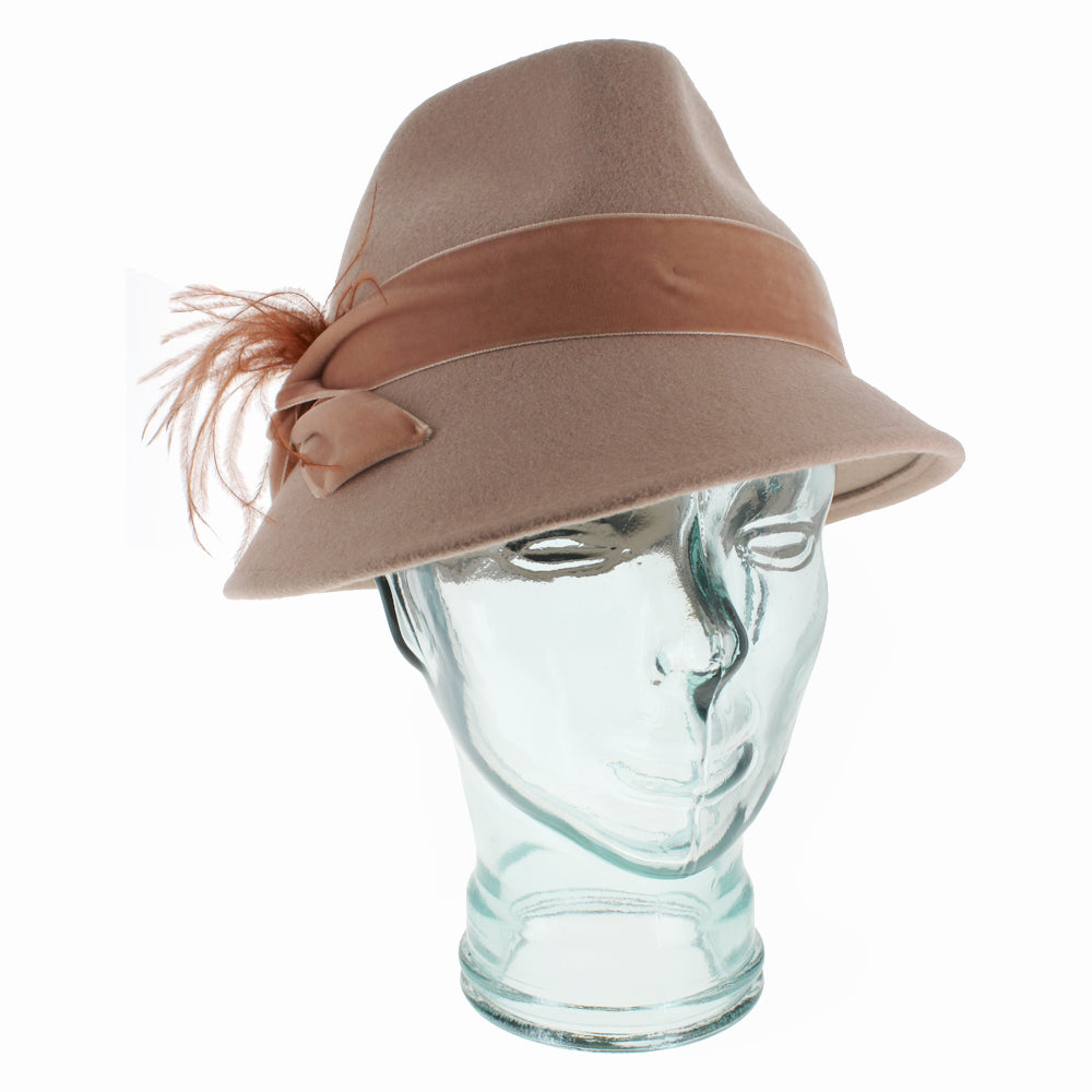 Nude Belfry Edvige modified trilby featuring tone-on-tone velvet band and feather trim
