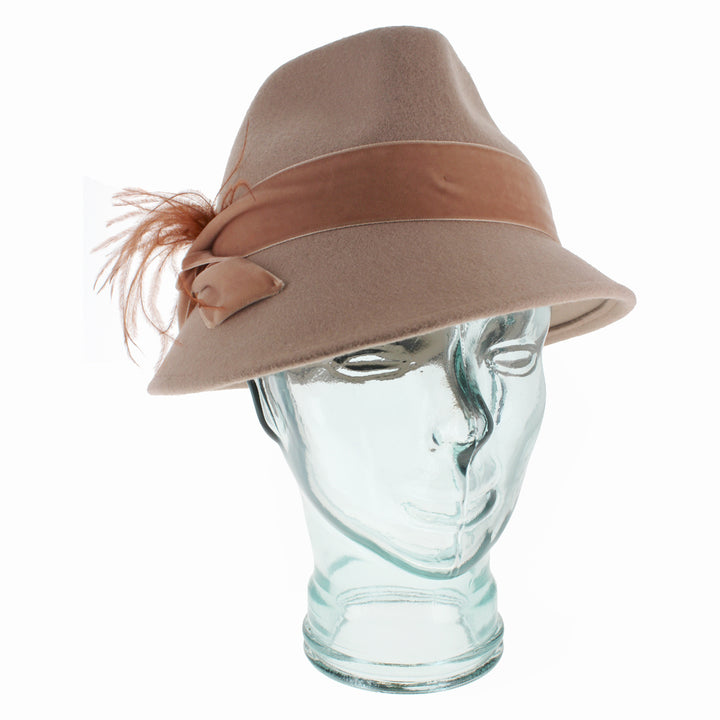 Nude Belfry Edvige modified trilby featuring tone-on-tone velvet band and feather trim
