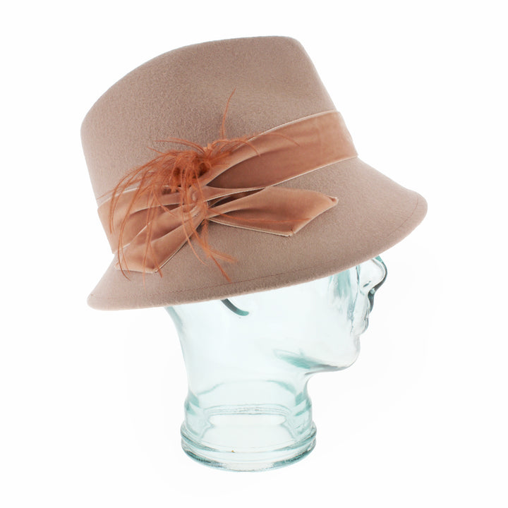 Side view of Belfry Edvige nude wool trilby showing soft crown and elegant feather detail