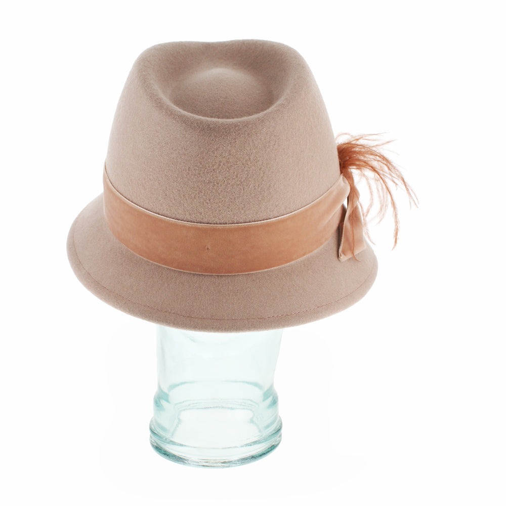 Top view of Belfry Edvige nude trilby highlighting its asymmetrical shape and clean finish