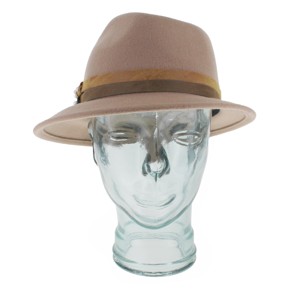 Belfry Elda nude wool trilby hat with asymmetrical brim and pearl-detailed double leather bands, a refined women’s accessory adding sophistication to autumn and winter style