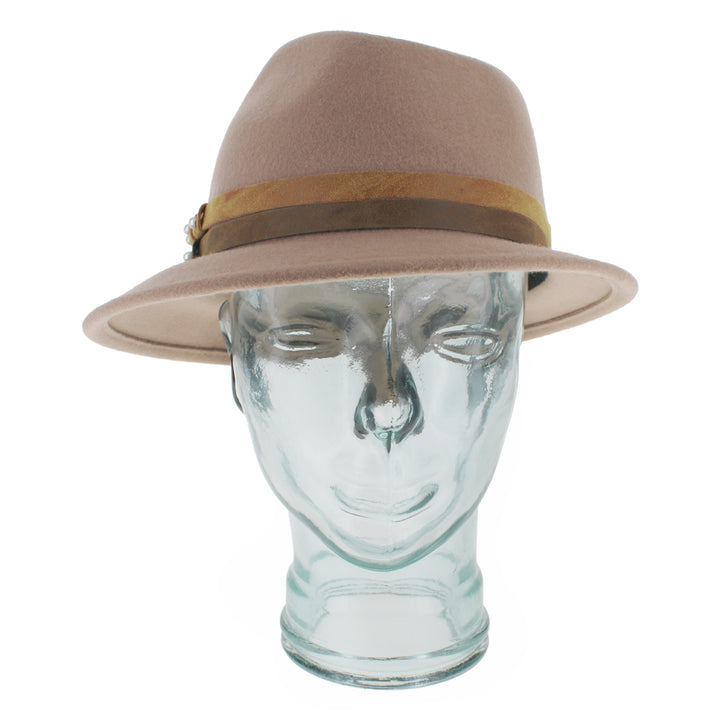 Belfry Elda nude wool trilby hat with asymmetrical brim and pearl-detailed double leather bands, a refined women’s accessory adding sophistication to autumn and winter style
