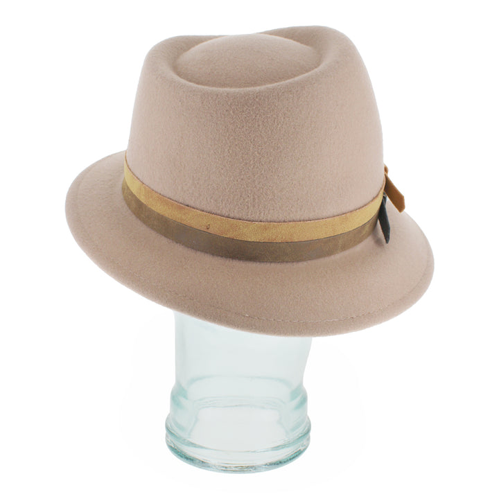 Detailed view of the Belfry Elda nude asymmetrical trilby highlighting its soft wool body, asymmetric brim, and pearl-accented bands, crafted for cold-weather elegance