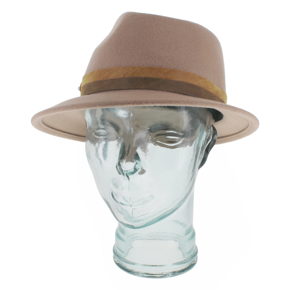 Top view of the Belfry Elda nude trilby hat with 100% wool construction, asymmetrical cut, and pearl-accented leather bands, designed for elegant fall and winter fashion