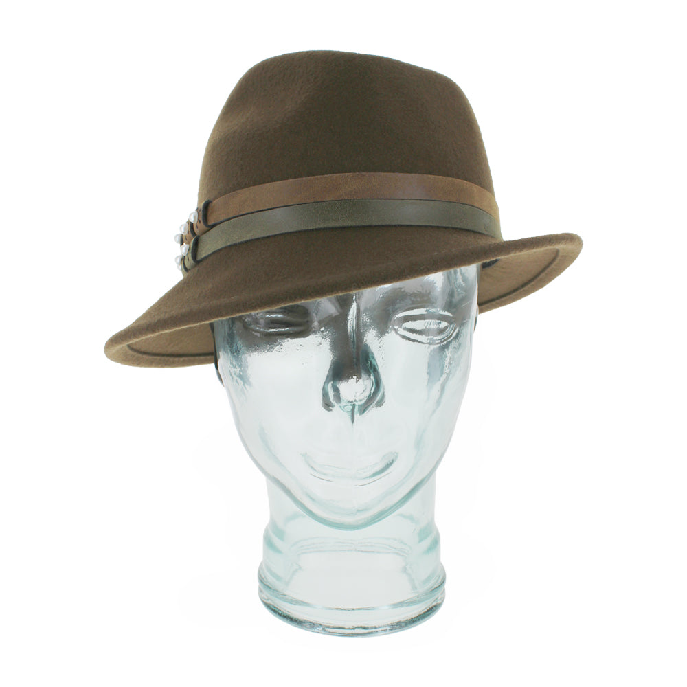 Belfry Elda olive trilby hat with asymmetrical brim, 100% wool fabric, and pearl-accented dual leather bands, a refined fall and winter accessory for chic seasonal fashion