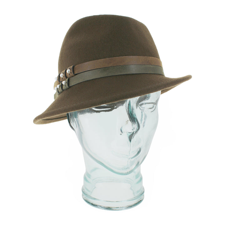 Belfry Elda trilby hat in olive wool with an asymmetrical cut, accented by double leather bands with pearls, a chic women’s fall and winter accessory blending elegance and charm