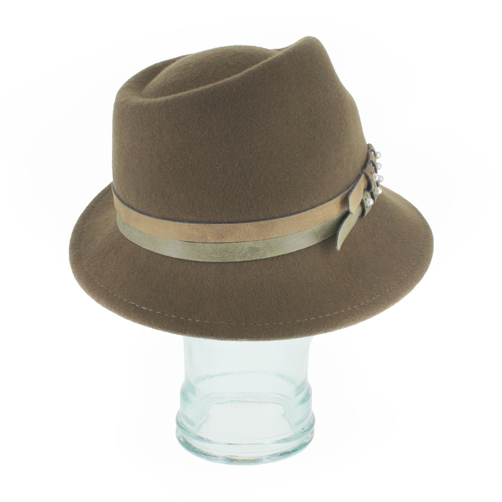 Side profile of the Belfry Elda olive trilby hat showing its refined wool body, asymmetrical design, and elegant pearl-accented leather bands, ideal for seasonal cold-weather wear