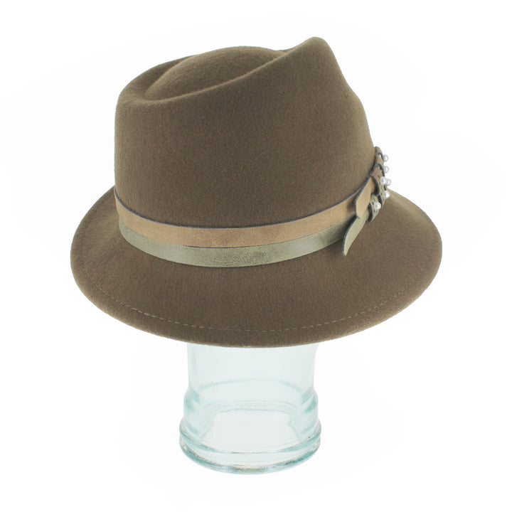 Side profile of the Belfry Elda olive trilby hat showing its refined wool body, asymmetrical design, and elegant pearl-accented leather bands, ideal for seasonal cold-weather wear