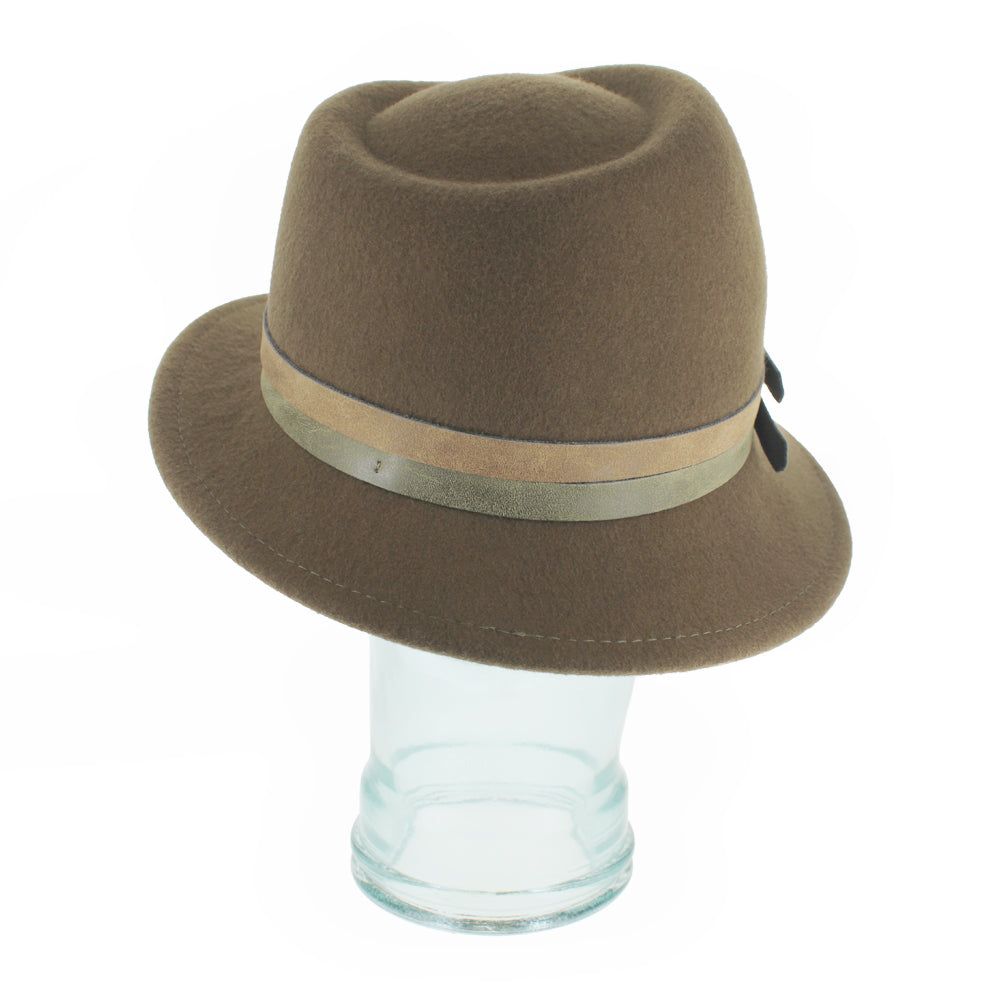 Detailed shot of the Belfry Elda asymmetrical trilby hat in olive wool, designed with double leather bands and pearls, a graceful fall and winter fashion accessory for women