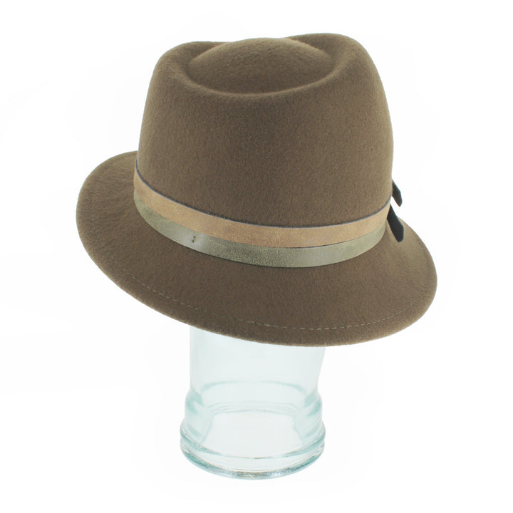 Detailed shot of the Belfry Elda asymmetrical trilby hat in olive wool, designed with double leather bands and pearls, a graceful fall and winter fashion accessory for women