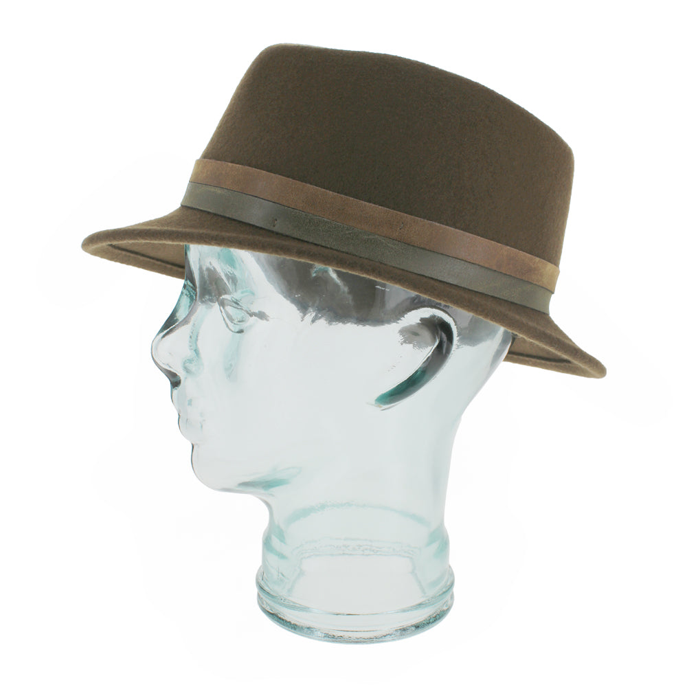 Angled view of the Belfry Elda olive wool trilby featuring asymmetrical brim, modern cut, and pearl-accented band, a standout seasonal piece for autumn and winter outfits