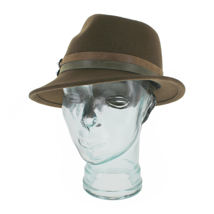 Top view of the Belfry Elda trilby hat in olive wool with asymmetrical styling and pearl-decorated double leather bands, crafted for sophisticated fall and winter wardrobes