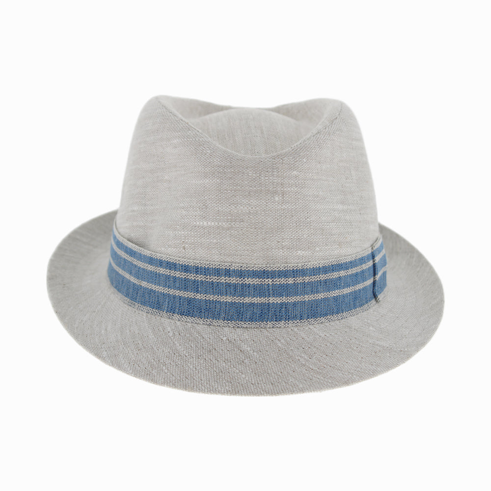 Stylish natural trilby hat with linen body, pre-snapped stitched brim, and contrasting sky blue striped band for casual elegance