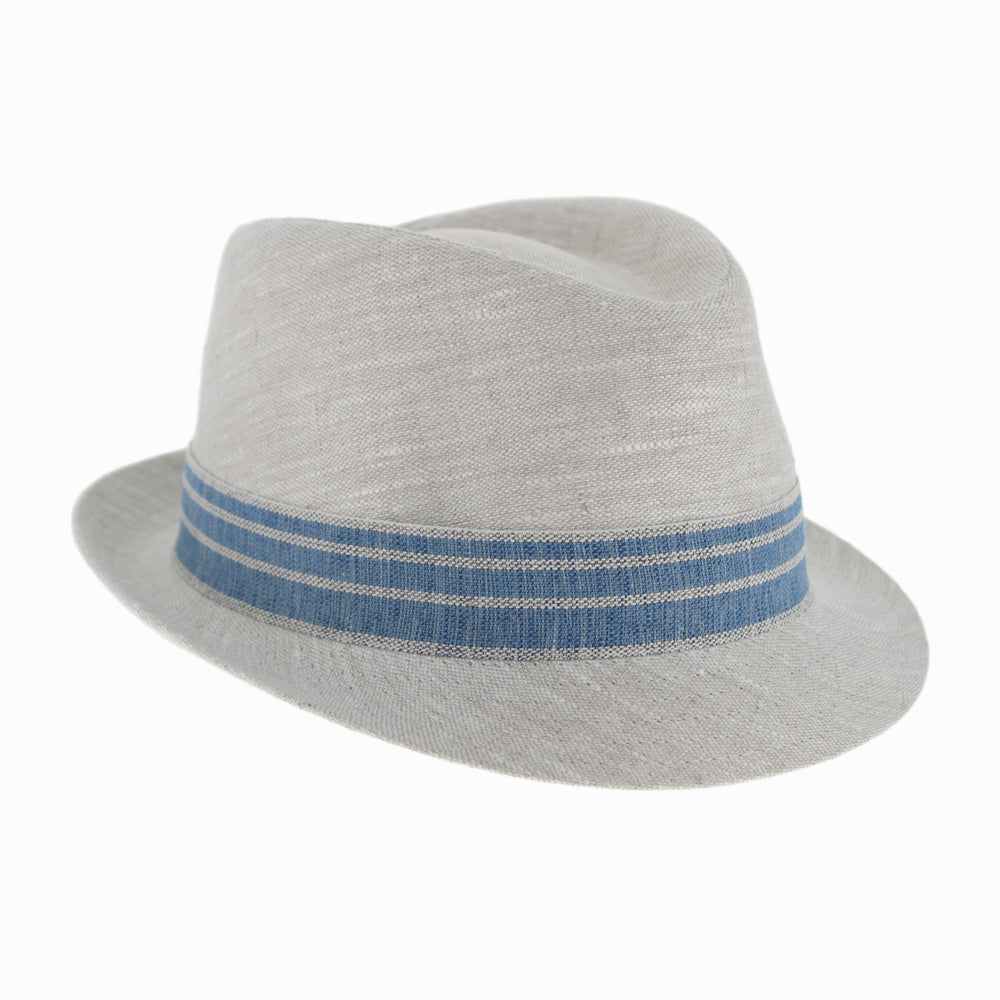 Belfry Italia Fino trilby in natural linen with sky blue band, finished with neat top stitching and taped interior seams
