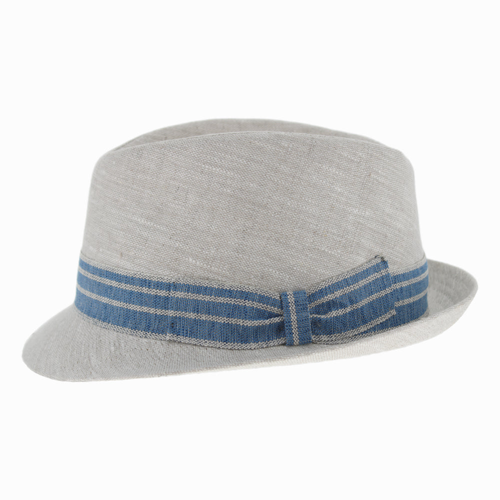 Belfry Fino natural trilby hat with teardrop crown, sky blue striped hat band, and shape-holding stitched brim for warm-weather wear