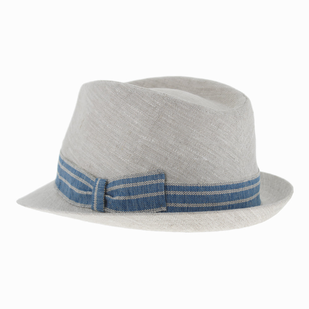 Natural-colored linen trilby with classic snap brim, blue-striped ribbon trim, and detailed top stitching for elegant spring styling