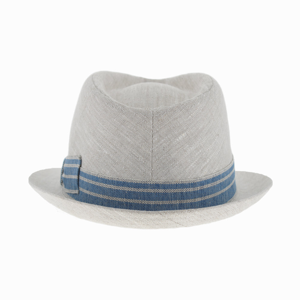 Italian-made Belfry Fino trilby in natural linen, accented with a sky blue striped band and precise stitched brim for lasting shape