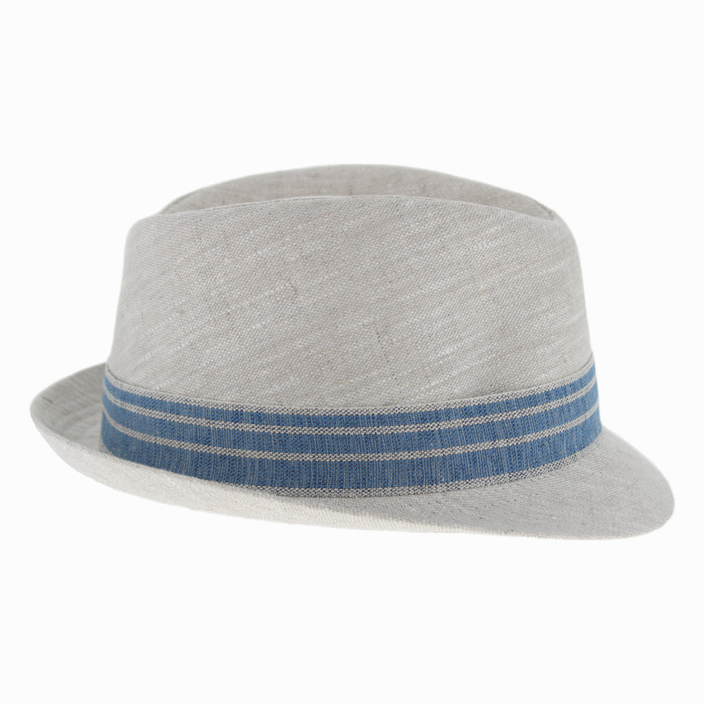 Lightweight natural linen trilby with teardrop crown, stitched snap brim, and blue-striped ribbon for versatile spring and summer outfits