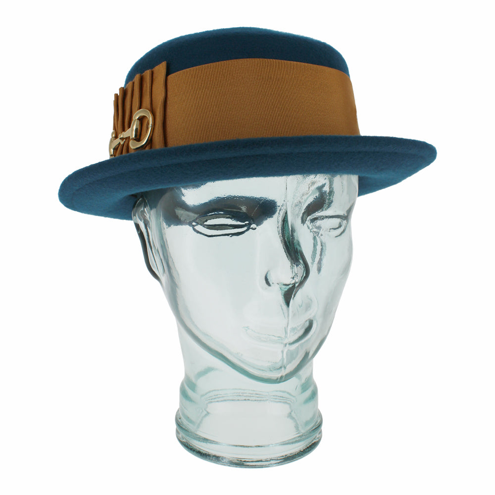 Belfry Gardiner boater hat in teal blue wool with 2 1/2" grosgrain band, accented by a gold hand-folded bow with gold links, a statement accessory for fall and winter fashion