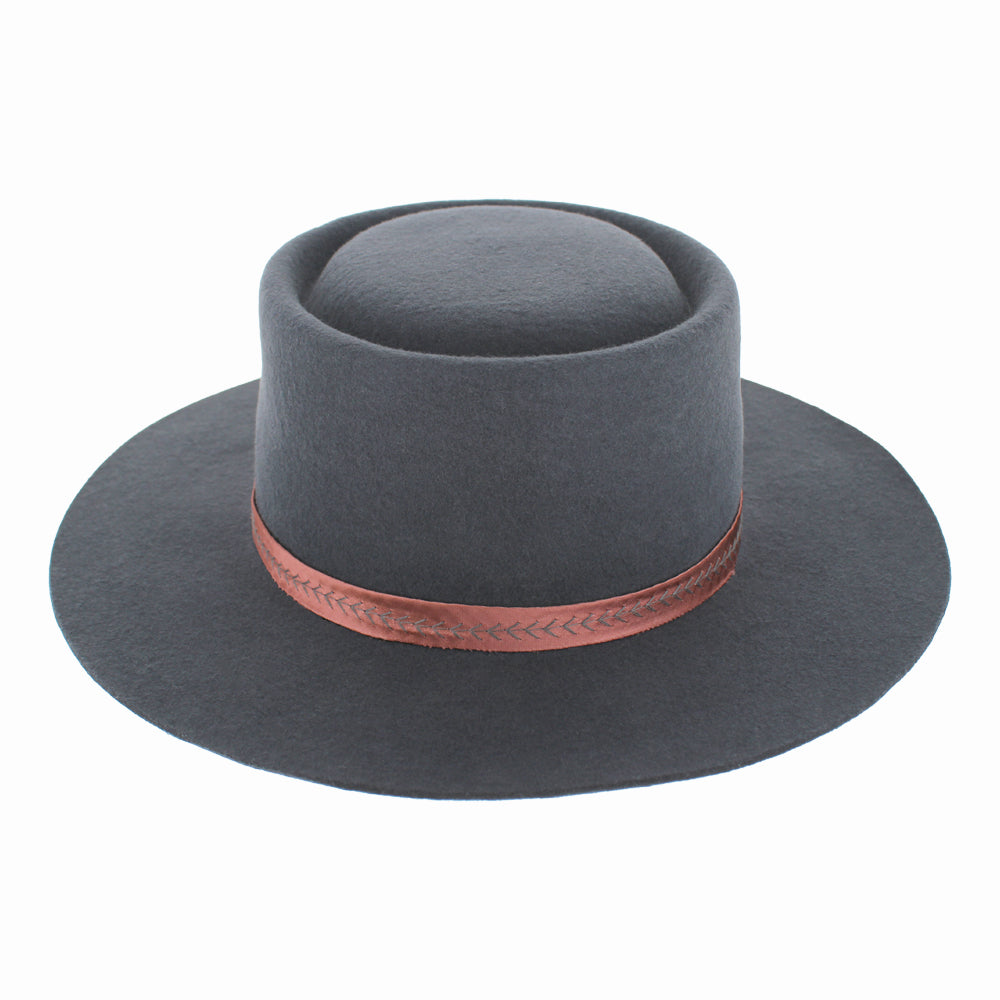 Side view of Gessica grey bolero hat showing short brim and elegant chain trim