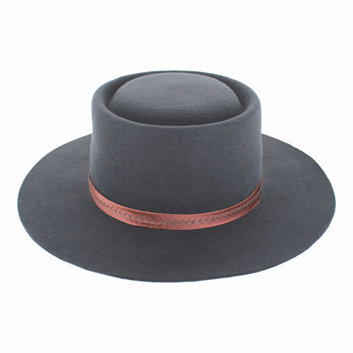 Side view of Gessica grey bolero hat showing short brim and elegant chain trim