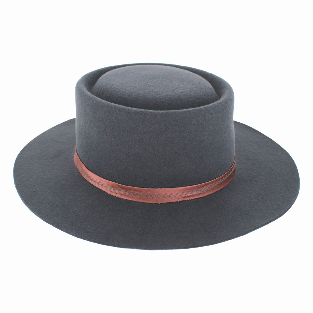 Angled view of Belfry Gessica grey wool bolero with versatile removable chain