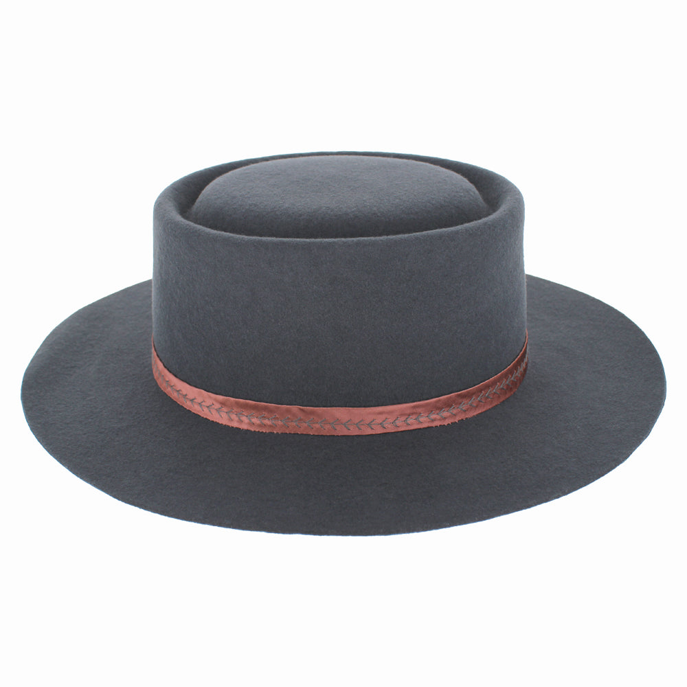 Top view of Gessica grey bolero hat highlighting structured crown and soft wool finish