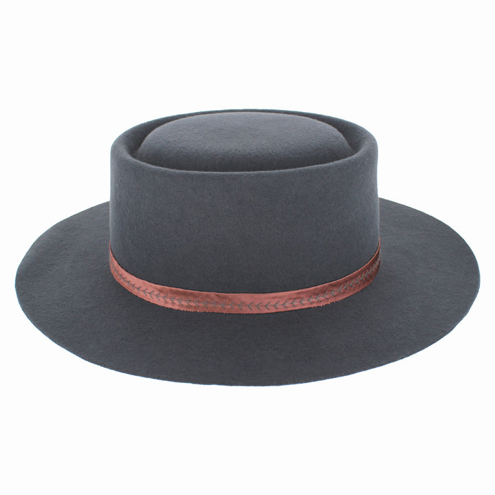 Top view of Gessica grey bolero hat highlighting structured crown and soft wool finish